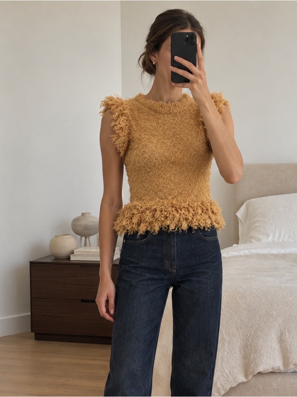 Zara Fuzzy Textured Ruffle Sleeveless Knit Top Mustard Camel Size S NWT